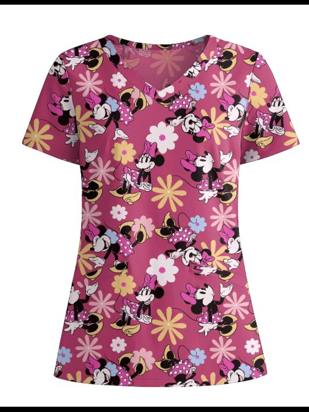 Disney Pink Minnie Mouse Floral V-Neck Scrub Top Healthcare Nurse Daycare CNA
